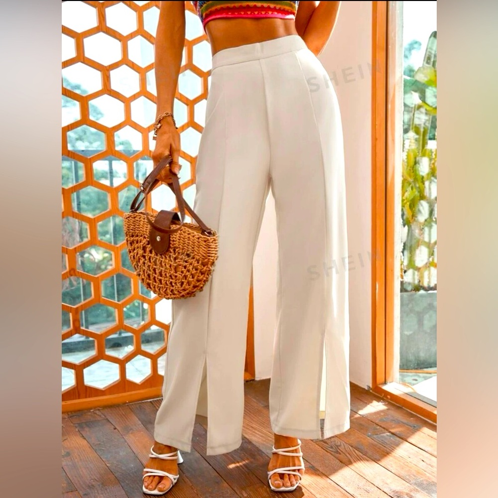 SHEIN Split Hem Wide Leg Pants. Large. Beige.